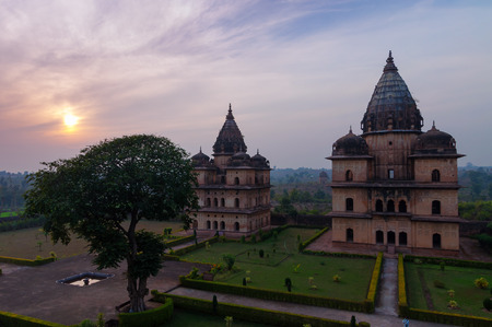 Group of Cenotaphs along the river Betwa in Orchha at sunset.  Madhya Pradesh. Indiaの写真素材