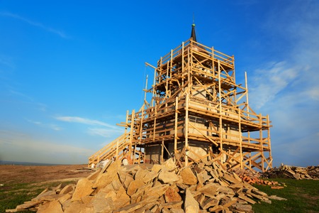 Restoration of tower on the top of hillの写真素材