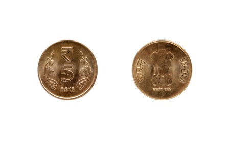 Five Indian Rupee coin isolated on white backgroundの写真素材
