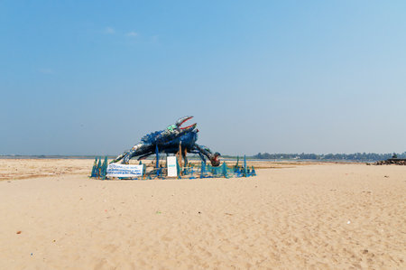 Fort Kochi, India - Jan 7, 2015: The Mad Crab on the beach, an installation art with Waste Plastics. Plastics and similar non-biodegradable wastes form the most important threat to marine ecosystems in the 21st centuryのeditorial素材