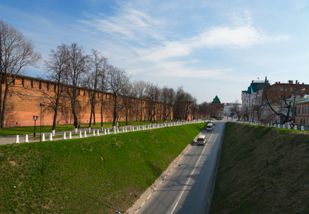 Nizhny Novgorod, Russia - May 2, 2015: Street along the Kremlin in Nizhny Novgorod. Kremlin is a historical centre of Nizhny Novgorod. Nizhny Novgorod Kremlin erection in its present appearance was started in 1500 and lasted for 15 yearsのeditorial素材