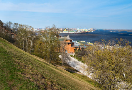 Wall and tower of Nizhny Novgorod Kremlin. Russiaのeditorial素材