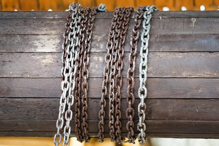 The chain on wooden reel in water well. Close up