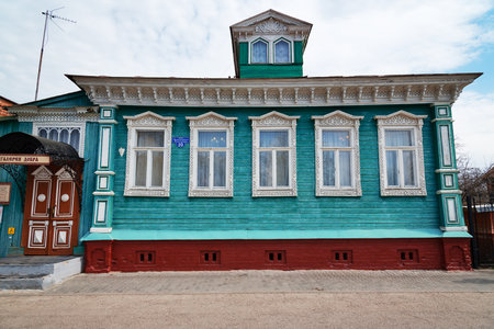 Gorodets,  Russia - May 3, 2015: The Museum of goodness, old blue wooden house with white carved patterns. Gorodets is the oldest city in the Nizhny Novgorod region, the center of folk art and museum city.のeditorial素材