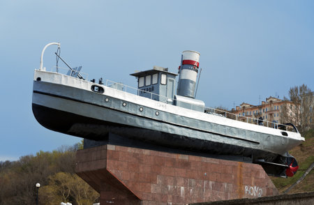 Nizhny Novgorod, Russia - May 4, 2015: Monument of the boat Hero on Lower Volga river embankment. It is former part of the Volgian military fleet, which took part in the Battle at Stalingrad during the Great Patriotic War yearsのeditorial素材