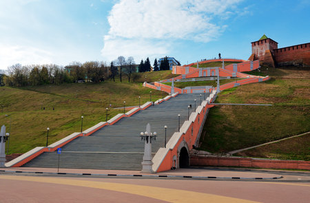 Nizhny Novgorod, Russia - May 4, 2015: Chkalov Staircase is the longest flight of stairs on the Volga shores, consists of 560 steps, is the landmark of the city.のeditorial素材