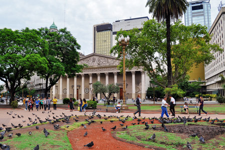 Buenos Aires, Argentina- Jan 19, 2011: View of Metropolitan Cathedral from Plaza de Mayo square. The Cathedral of Buenos Aires was rebuilt several times since its  origins in the 16th centuryのeditorial素材