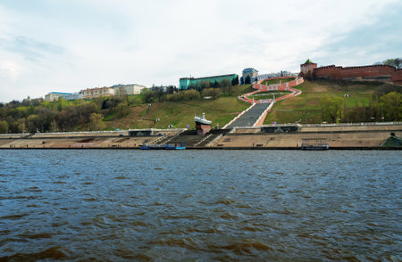 Nizhny Novgorod, Russia - May 4, 2015: Chkalov Staircase is the longest flight of stairs on the Volga shores, consists of 560 steps, is the landmark of the city.のeditorial素材