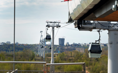 Nizhny Novgorod, Russia - May 4, 2015: Cable railway above Volga river. Nizhny Novgorod cable car line features a 3661m long cable car system connecting the city of Nizhny Novgorod and the town of Borのeditorial素材