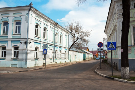 Gorodets, Russia - May 3, 2015: Old houses on the street. Gorodets is the oldest city in the Nizhny Novgorod region, the center of folk art and museum city.のeditorial素材