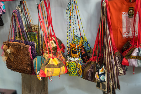 Lemo, Indonesia - Dec 08, 2015: Hand made bags in the market of Tana Toraja. South Sulawesi, Indonesiaのeditorial素材