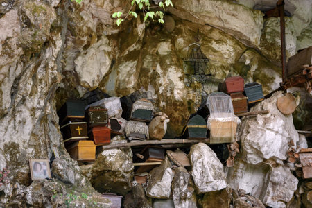 Tana Toraja, Indonesia - Dec 08, 2015: Collection of coffins. Londa is cliffs and cave old burial...
