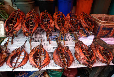 Tomohon, Indonesia - Dec 23, 2015: Dried fish on Tomohon Traditional Market. North Sulawesi. Indonesiaのeditorial素材