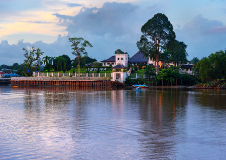 Kuching, Malaysia - Dec 30, 2015: Palace Astana on the north bank of Sarawak River at sunset . Sarawak. Borneoのeditorial素材