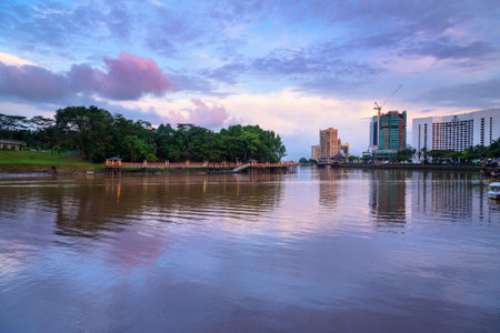 Kuching, Malaysia - Dec 29, 2015: Kuching city waterfront at sunset. Sarawak. Borneo.のeditorial素材