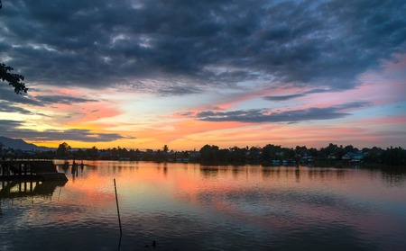 View Sarawak river from waterfront in Kuching city at sunset. Sarawak. Malaysia. Borneo.の写真素材