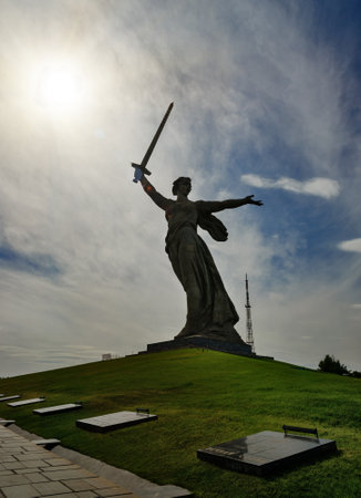 Volgograd, Russia - August 31, 2016: Motherland Calls monument. Memorial complex Mamayev Kurgan. Total height of sculpture together with sword -85 metres.Total weight of construction - 8 thousand tonsのeditorial素材