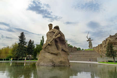Volgograd, Russia - August 31, 2016: Standing to the Death Square. Memorial complex Mamayev Kurgan in Volgograd. Mamayev Kurgan memorial complex dominated by the statue of Motherland Callsのeditorial素材