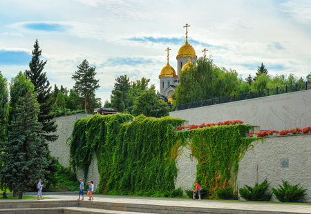 Volgograd, Russia - August 31, 2016: Temple of All Saints. Near the Temple there is another common grave. Memorial complex Mamayev Kurgan in Volgograd. Russiaのeditorial素材
