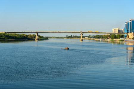 Astrakhan, Russia - September 05, 2016: View on Volga river and bridge. Astrakhan is city in southern Russia The city is on banks of the Volga Riverのeditorial素材