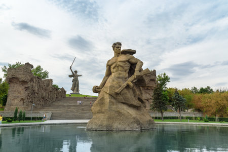 Volgograd, Russia - August 31, 2016: Standing to the Death Square. Memorial complex Mamayev Kurgan in Volgograd. Mamayev Kurgan memorial complex dominated by the statue of Motherland Callsのeditorial素材