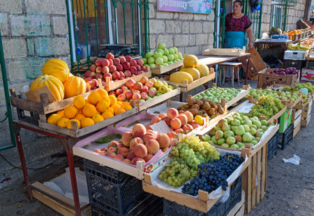 Derbent, Russia - September 08, 2016: Fruits for sale at local street market Republic of Dagestanのeditorial素材