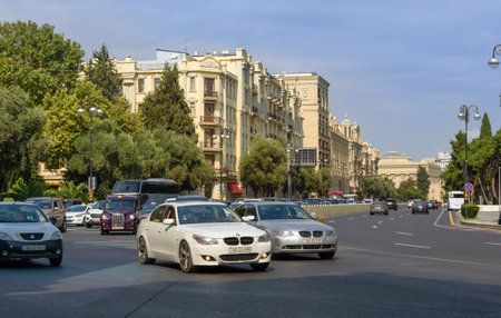 Baku, Azerbaijan - September 10, 2016: City traffic in Baku. Baku is the largest city on the Caspian Sea and of the Caucasus regionのeditorial素材