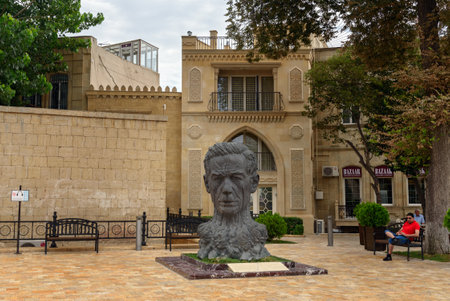 Baku, Azerbaijan - September 10, 2016: Monument to Azerbaijani poet Aliaga Vakhid in Old city, Icheri Sheher is the historical core of Baku. World Heritage Site by UNESCOのeditorial素材