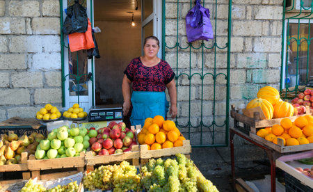 Derbent, Russia - September 08, 2016: Fruits for sale at local street market Republic of Dagestanのeditorial素材