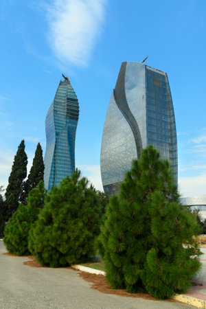 Baku, Azerbaijan - September 11, 2016: Skyscrapers Socar Tower and Azersu Office Tower. Baku is the largest city on the Caspian Sea and of the Caucasus regionのeditorial素材