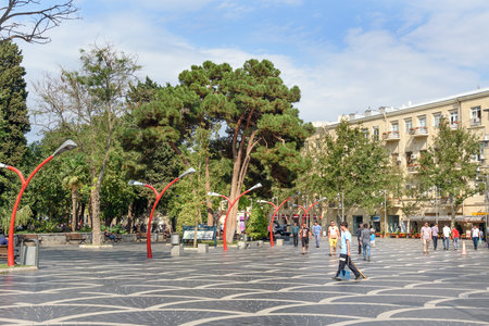 Baku, Azerbaijan - September 10, 2016: Fountain square in center of city. Baku is the largest city on the Caspian Sea and of the Caucasus regionのeditorial素材