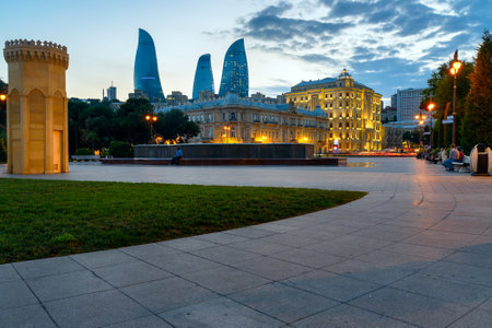 Baku, Azerbaijan - September 10, 2016: Night view of city with Flame Towers from Seaside boulevard. Baku is the largest city on the Caspian Sea and of the Caucasus regionのeditorial素材