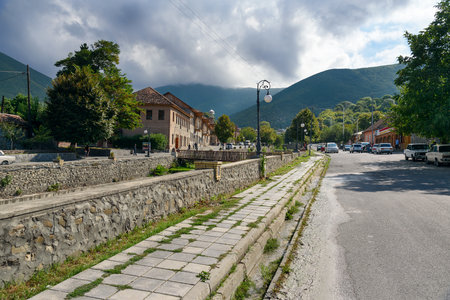 Sheki, Azerbaijan - September 13, 2016: On the street. Sheki is small city situated in northern Azerbaijan in the southern part of the Greater Caucasus mountain range. It has a lot of historic attractions in particular, the Palace of the Sheki Khansのeditorial素材