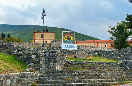 Sheki, Azerbaijan - September 13, 2016: Sign near fortress. Sheki - the cultural capital of the Turkic world in 2016のeditorial素材