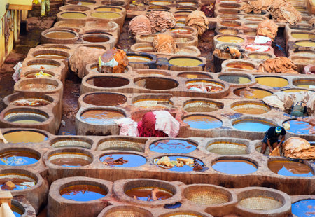 Fez, Morocco - Jan 14, 2017: Chouwara Leather traditional tannery in ancient medina of Fes El Baliのeditorial素材