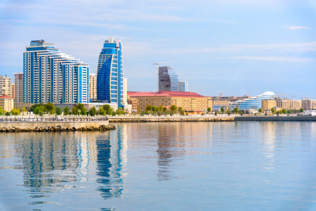 Baku, Azerbaijan - September 12, 2016: View of Baku city from New City Park. Baku is the largest city on the Caspian Sea and of the Caucasus regionのeditorial素材