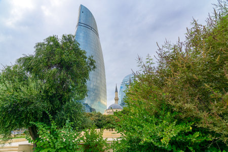 Baku, Azerbaijan - September 11, 2016: View on Flame Towers and Mosque of the Martyrs. Towers consist of three buildings; south, east and west. Height of 190 mのeditorial素材