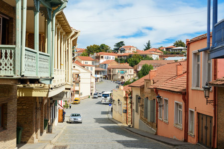 Signagi, Georgia - Sent 15, 2016: View of street in Signagi or Sighnaghi city in mountains at Kakheti region. It is City of Love in Georgia, with many couples visiting it just to get marriedのeditorial素材