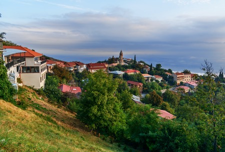 View of houses and old church in Signagi or Sighnaghi city in mountains at Kakheti region. Georgiaの写真素材