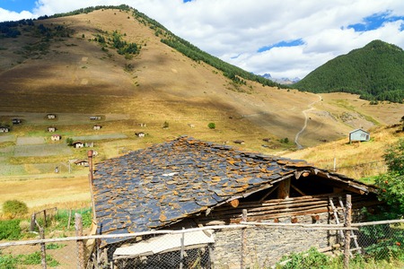 View in Mountains and shale stones house. Shenako small village in Tusheti region. Georgiaの写真素材