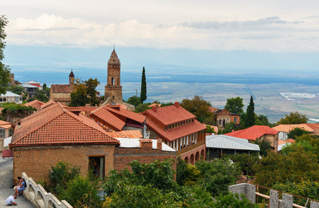 Signagi, Georgia - Sent 16, 2016: View of street and Alazani valley in Sighnaghi city at Kakheti region. It is City of Love in Georgia, with many couples visiting it just to get marriedのeditorial素材