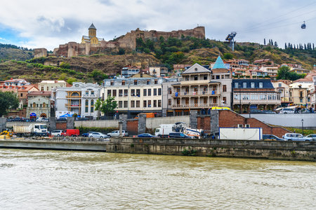 Tbilisi, Georgia - September 24, 2016: View of Narikala fortress, St Nikolas church and Old city near Kura riverのeditorial素材