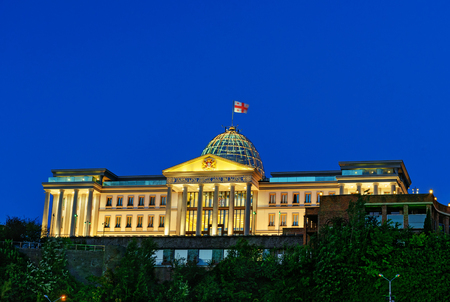 Presidential Palace of Georgia in Tbilisi at night. Presidential administration is located on left bank of Kura Riverの写真素材