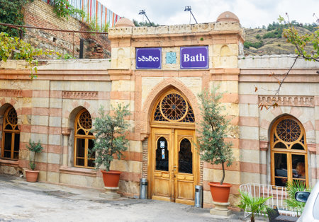 Tbilisi, Georgia - September 24, 2016: Entrance to public sulfur bath. Abanotubani district in the Old Town of Tbilisi. It is district with public bathhouses that use sulphurous waters of hot springsのeditorial素材
