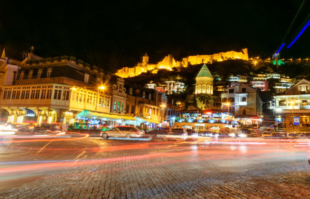 Tbilisi, Georgia - September 24, 2016: Viev of Old city with shops, restaurants and cafes at nightのeditorial素材
