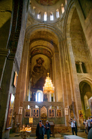 Mtskheta, Georgia - September 26, 2016: Inside of Svetitskhoveli Cathedral. Interior walls are...