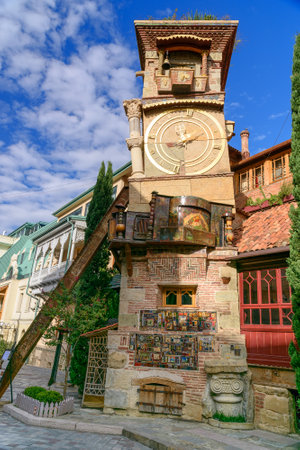 Tbilisi, Georgia - September 25, 2016: Rezo Gabriadze Marionette Theater clock tower on old cityのeditorial素材