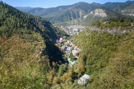 View of Borjomi resort town and Mineral water park from mountain. Georgiaのeditorial素材