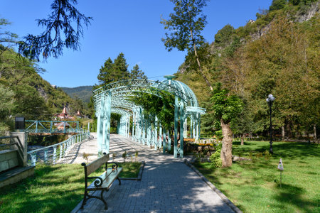 Blue pavilion with hot source in Mineral water park at Borjomi. Georgiaのeditorial素材