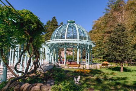 Borjomi, Georgia - October 01, 2016: Blue pavilion with hot source in Mineral water parkのeditorial素材